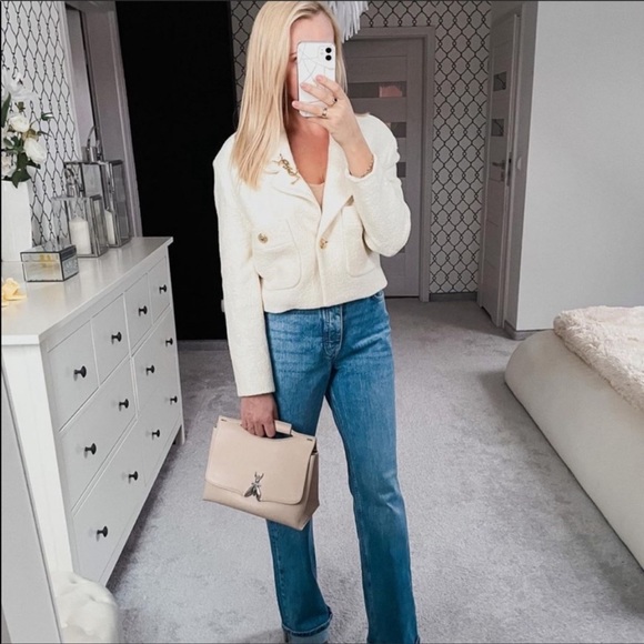 Zara Cream Wool Blend Texture Weave Gold Metallic Button Detail Crop Blazer - Picture 10 of 16